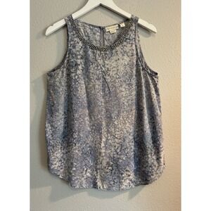 Cynthia Rowley 100% Silk Beaded Tank Top Blue Watercolor Floral Blouse Large